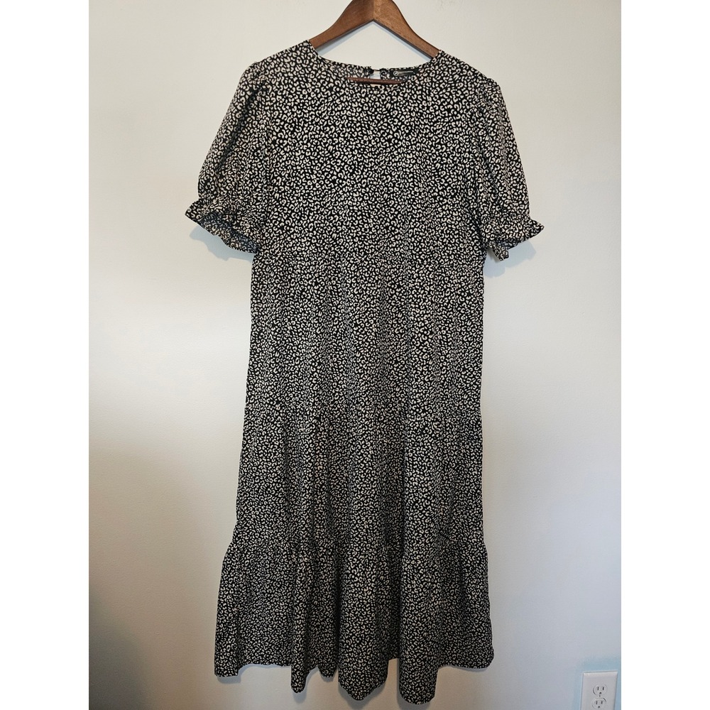 [Cottagecore] PRETTYGARDEN Tiered Midi Dress Womens L Black Leopard Puff Sleeve